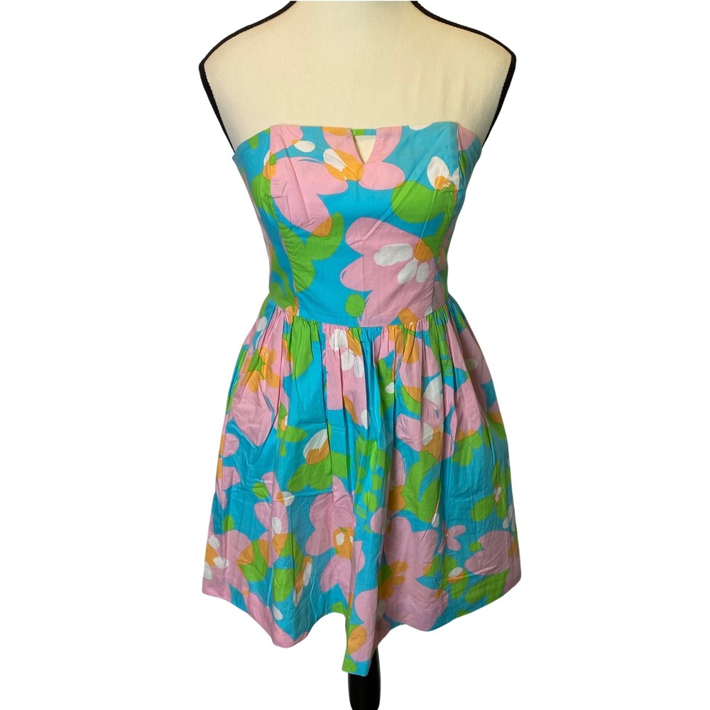 Lilly Pulitzer Strapless Mini Dress Womens 0 Blue Pink Floral Fit & Flare Preppy